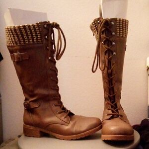 Brown Lace-Up Knee-High Boots.